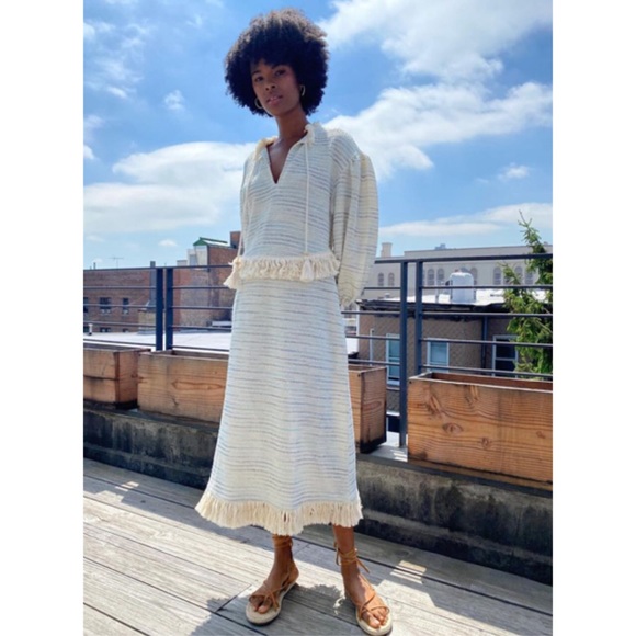 Something Navy Dresses & Skirts - NWT Something Navy Piper Fringe Dress Boho Tasseled Knitted Midi Cream Sz Large